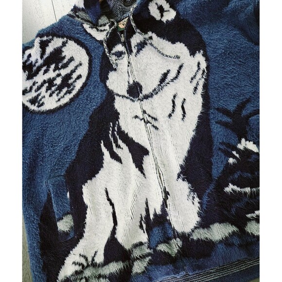 VTG GENESIS Blue Wolf Feather Hoodie Jacket Mens Large Full Zip Wool - Picture 5 of 11